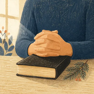Praying Hands on Bible with Evergreen Sprig