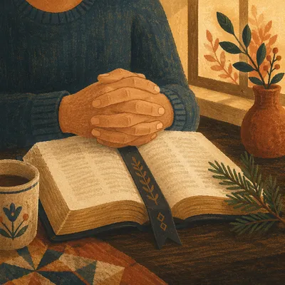 Praying Hands Over Bible With Evergreen Sprig