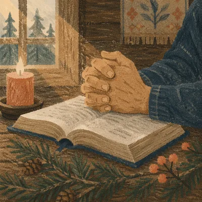 Praying Hands on Bible with Evergreen