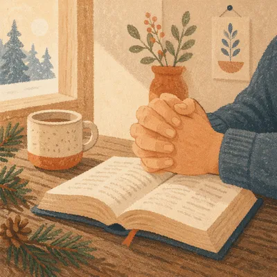 Praying Hands Over Bible with Evergreen Sprigs