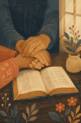 Praying Hands Over Open Bible in Warm Light