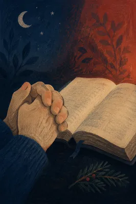 Praying Hands Beside Bible with Evergreen Sprig