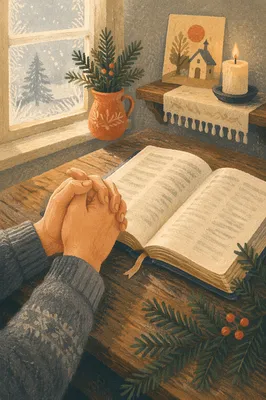 Praying Hands Beside Bible with Evergreen
