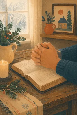 Praying Hands Over Bible with Evergreen Sprigs