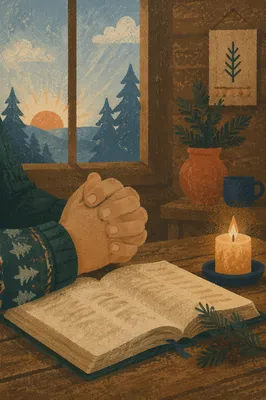 Praying Hands Beside Bible with Evergreen Hope