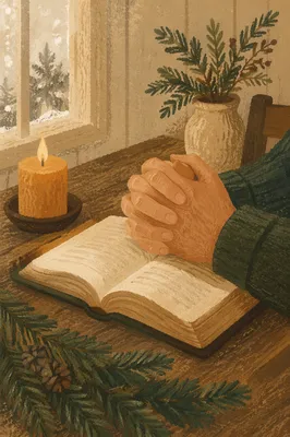 Praying Hands on Bible with Evergreen Candle