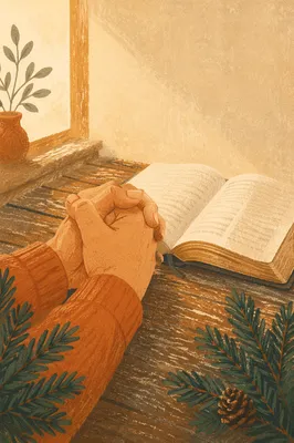 Praying Hands Beside Bible and Evergreen