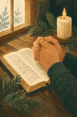 Praying Hands Over Bible with Evergreen