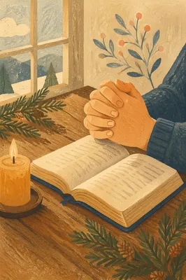 Praying Hands Beside Bible with Evergreen
