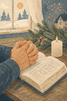 Weathered Praying Hands on Open Bible