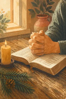 Praying Hands Over Bible With Evergreen