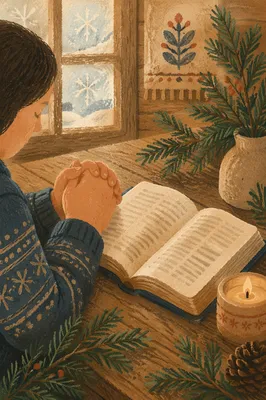 Praying Hands Beside Bible and Evergreens