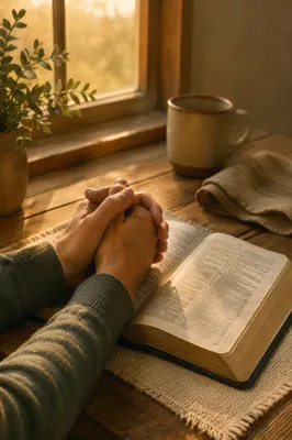 Praying Hands Over Bible in Morning Light