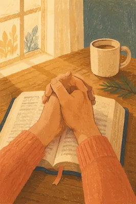 Praying Hands Over Bible with Evergreen