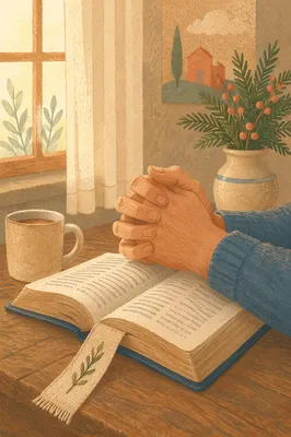 Praying Hands Above Open Bible Devotion