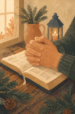 Praying Hands Over Bible With Evergreen