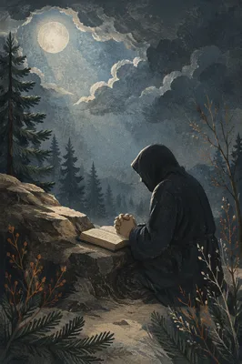 Praying Hands on Bible in Moonlit Pines
