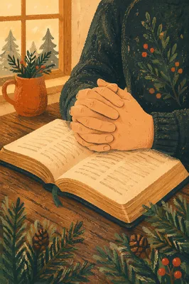 Praying Hands Over Bible with Evergreen
