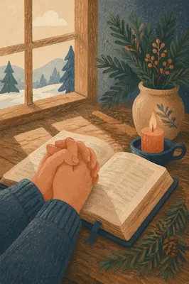 Praying Hands Beside Bible and Evergreen Candle