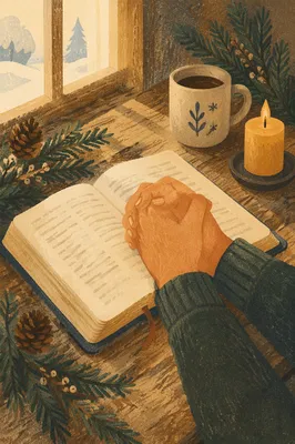Praying Hands Over Bible with Evergreen