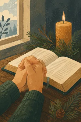 Praying Hands Beside Bible with Evergreen Candle