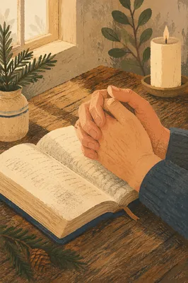 Praying Hands Over Bible with Evergreen