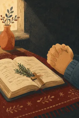 Praying Hands Beside Bible with Evergreen Sprig