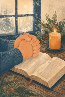 Praying Hands Over Bible With Evergreen