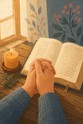 Evergreen Prayer Hands Beside Open Bible