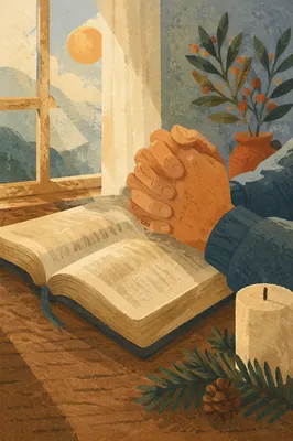Praying Hands Beside Open Bible and Evergreen