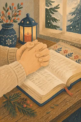 Praying Hands on Bible with Evergreen