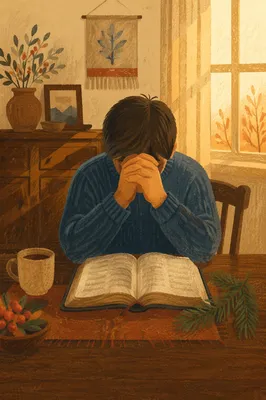 Praying Hands Over Bible with Evergreen Sprig