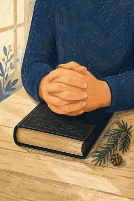 Praying Hands Resting on Bible with Evergreen