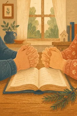 Praying Hands Over Bible With Evergreen Sprig