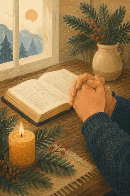 Praying Hands Beside Bible with Evergreen Candle