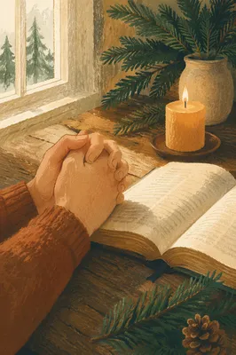 Praying Hands Beside Bible and Evergreen