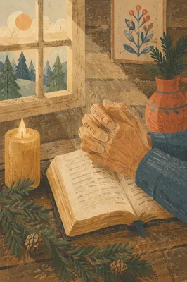 Praying Hands on Bible with Evergreen
