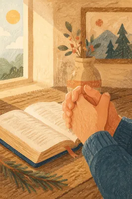 Praying Hands Beside Bible with Evergreen Branch