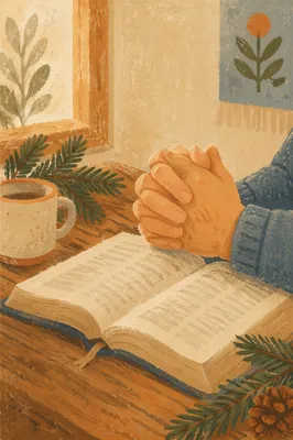 Praying Hands Over Bible with Evergreen Sprigs
