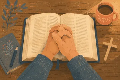 Praying Hands Over Open Bible