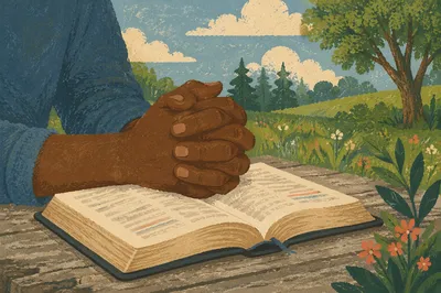 Praying Hands on Bible in Evergreen Field