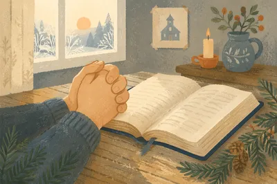 Praying Hands Beside Bible with Evergreen