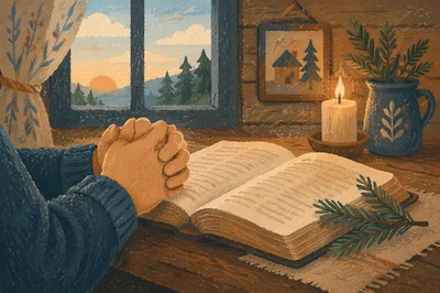 Praying Hands Beside Bible with Evergreen