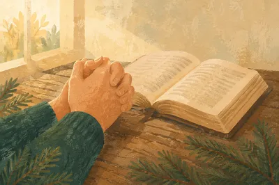 Praying Hands Beside Bible and Evergreen
