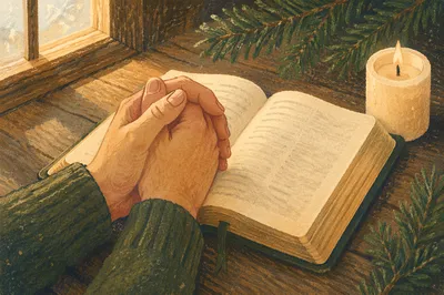 Praying Hands Over Bible With Evergreen