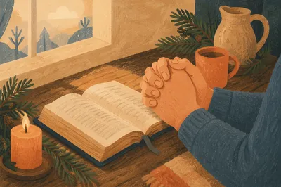 Praying Hands Beside Bible and Evergreens
