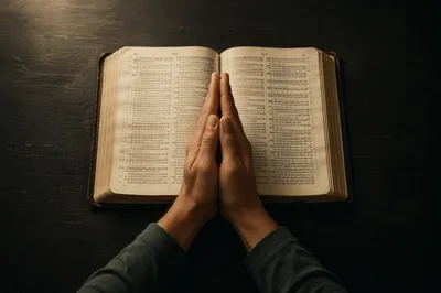 Praying Hands Over Open Bible