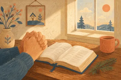 Praying Hands Beside Open Bible Morning Light