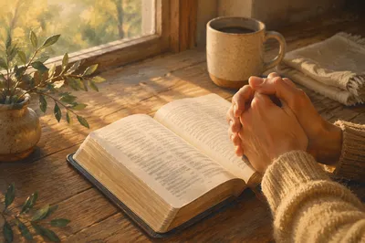 Praying Hands Over Bible in Morning Light