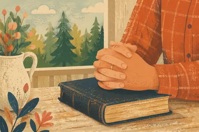 Praying Hands on Bible by Evergreens